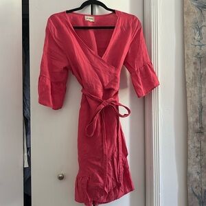 Anthropologie pink linen wrap dress